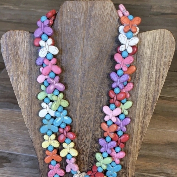 Double Strand Distressed Rainbow Butterfly Stone Beaded Necklace w/ Extender - Picture 2 of 12